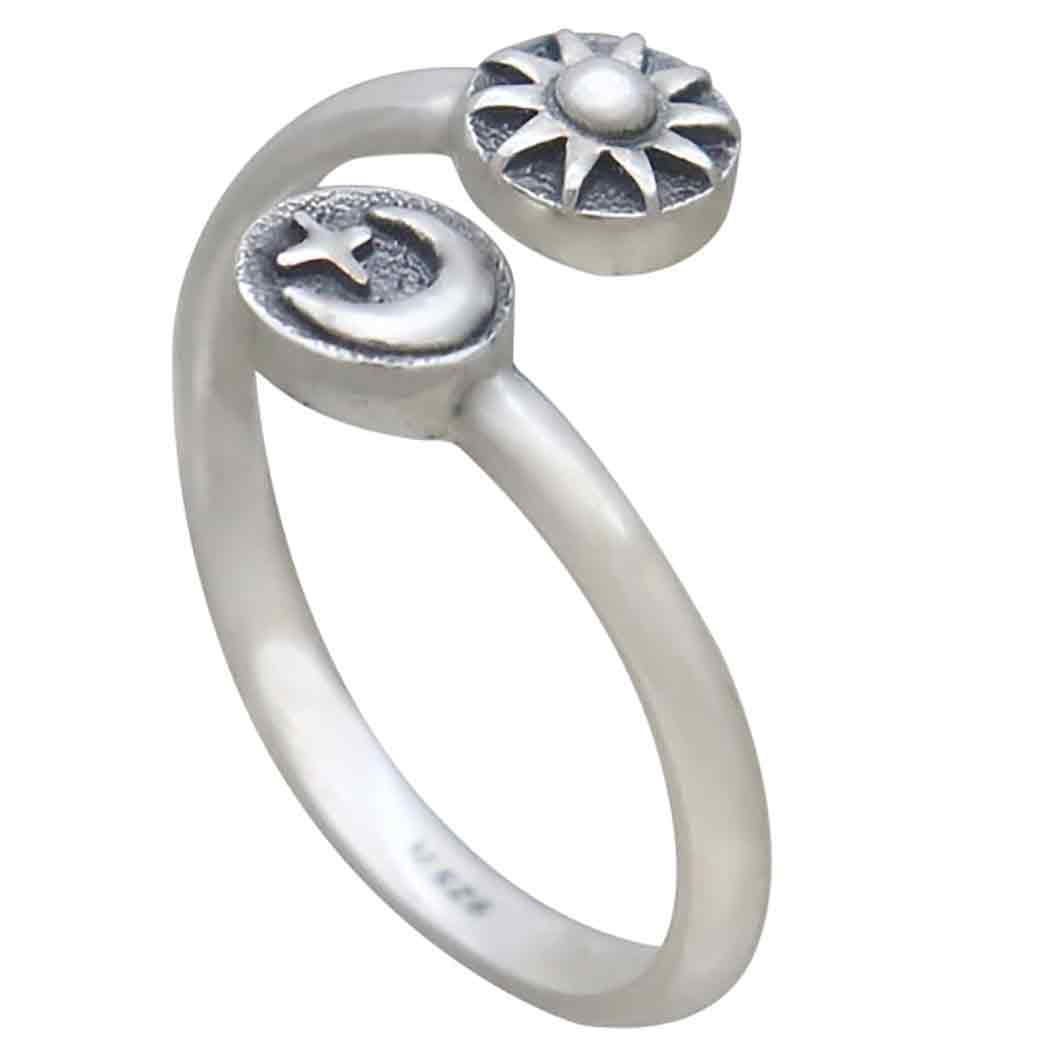 Sterling Silver Adjustable Moon Star and Sun Ring