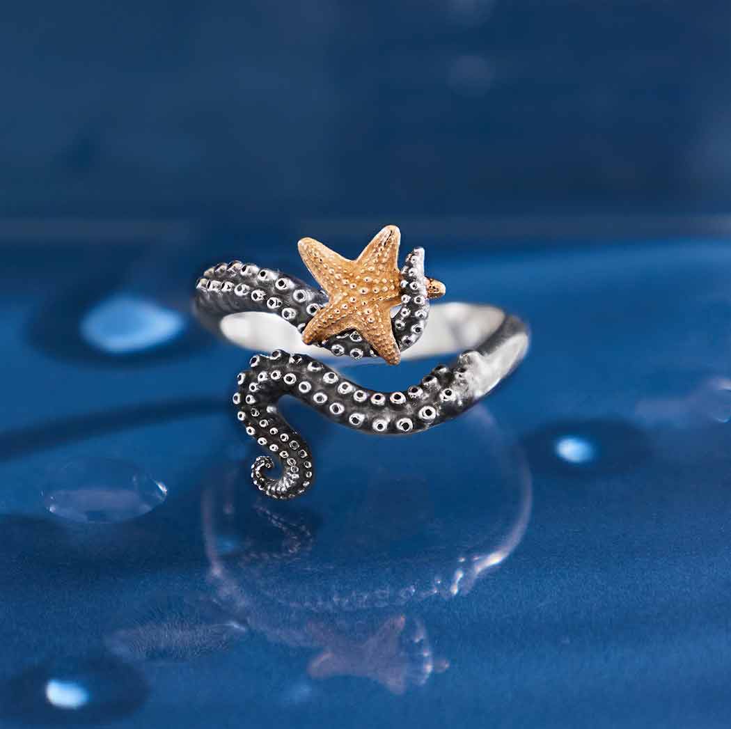 Sterling Silver Adjustable Octopus Ring with Bronze Starfish