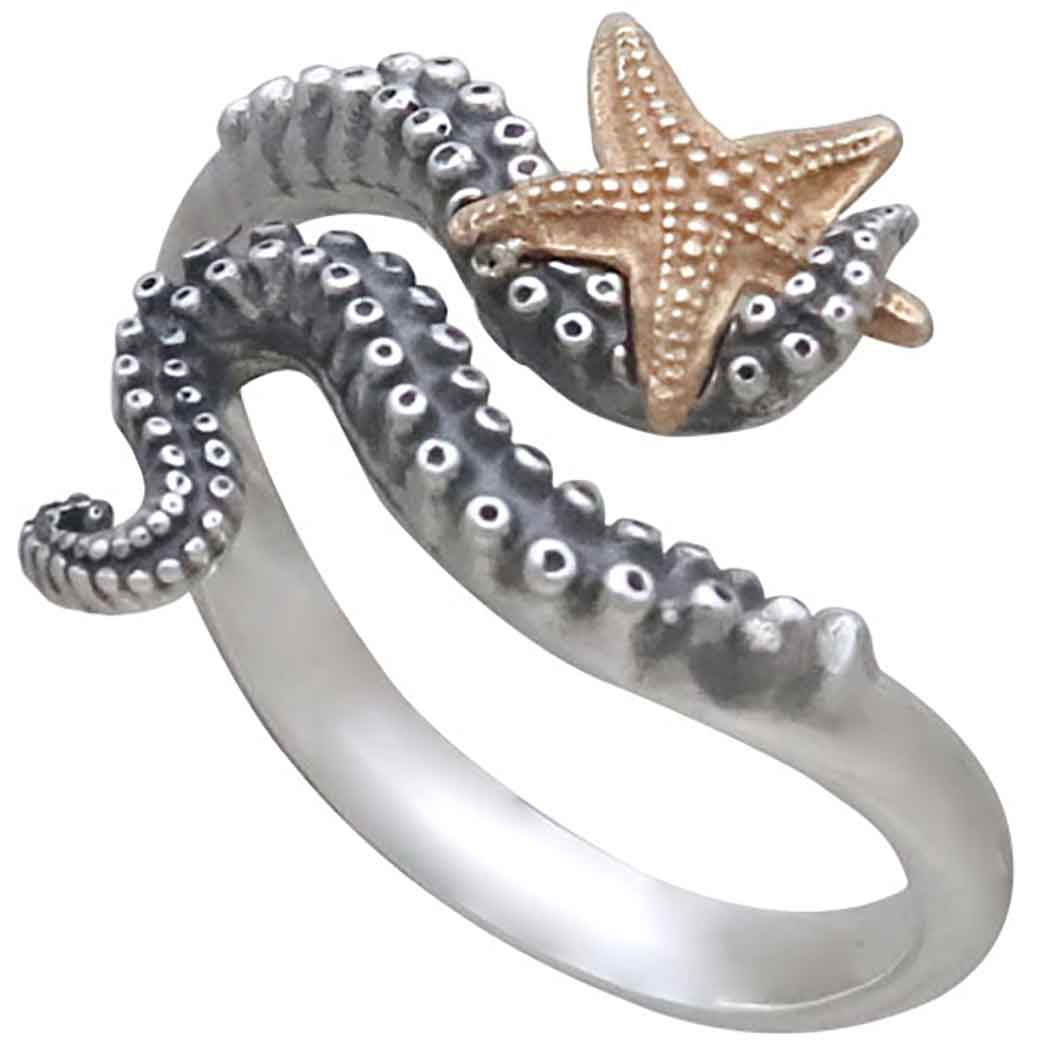 Sterling Silver Adjustable Octopus Ring with Bronze Starfish