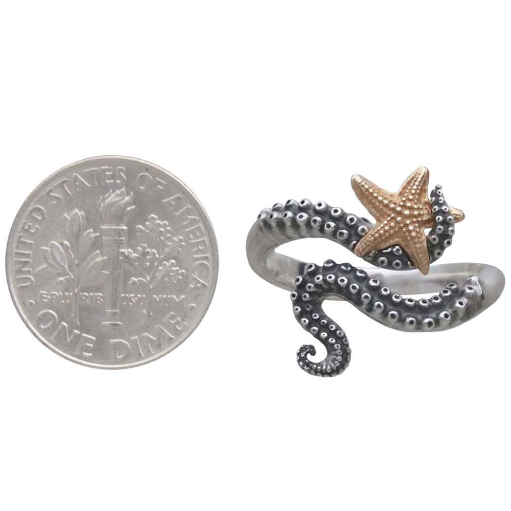 Sterling Silver Adjustable Octopus Ring with Bronze Starfish