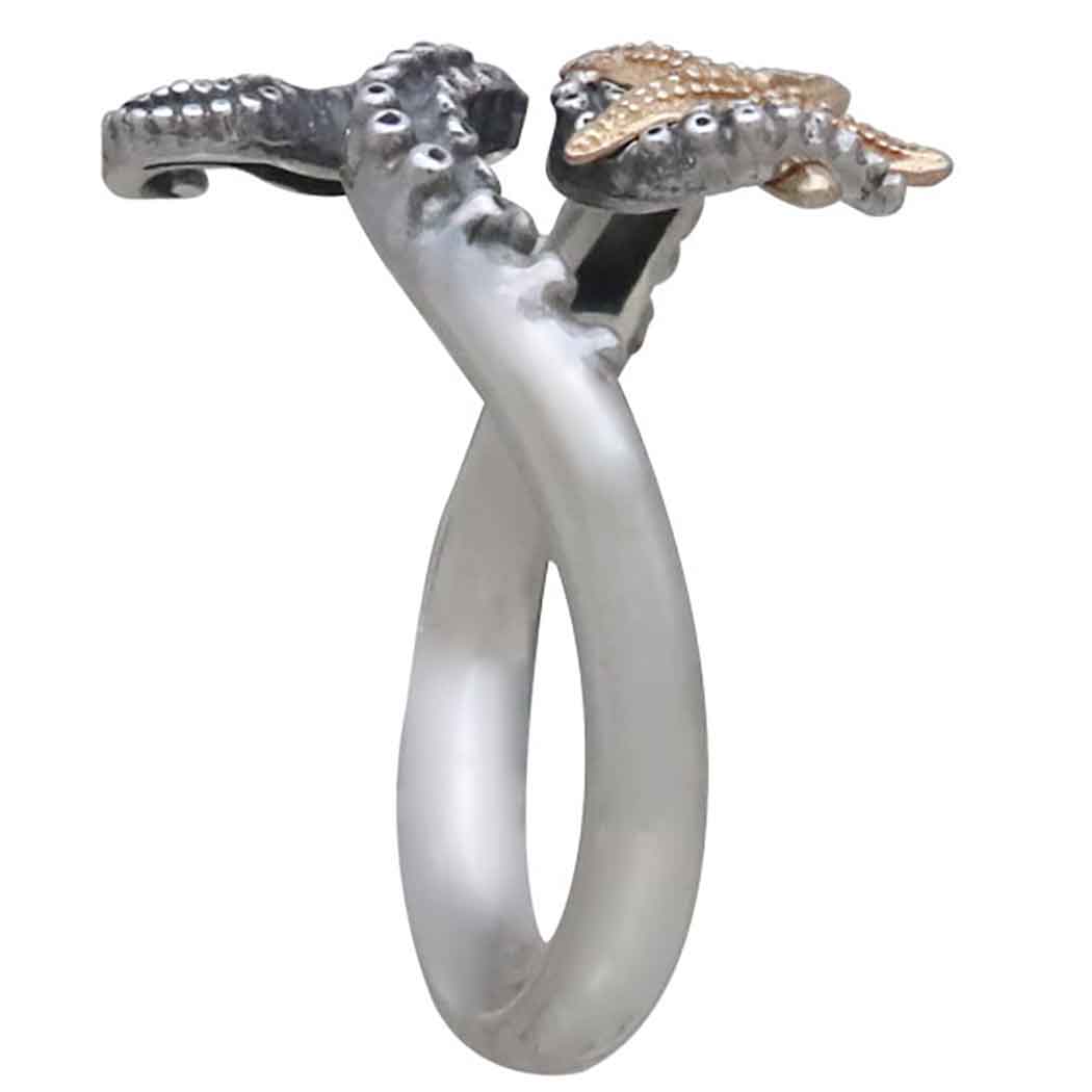 Sterling Silver Adjustable Octopus Ring with Bronze Starfish