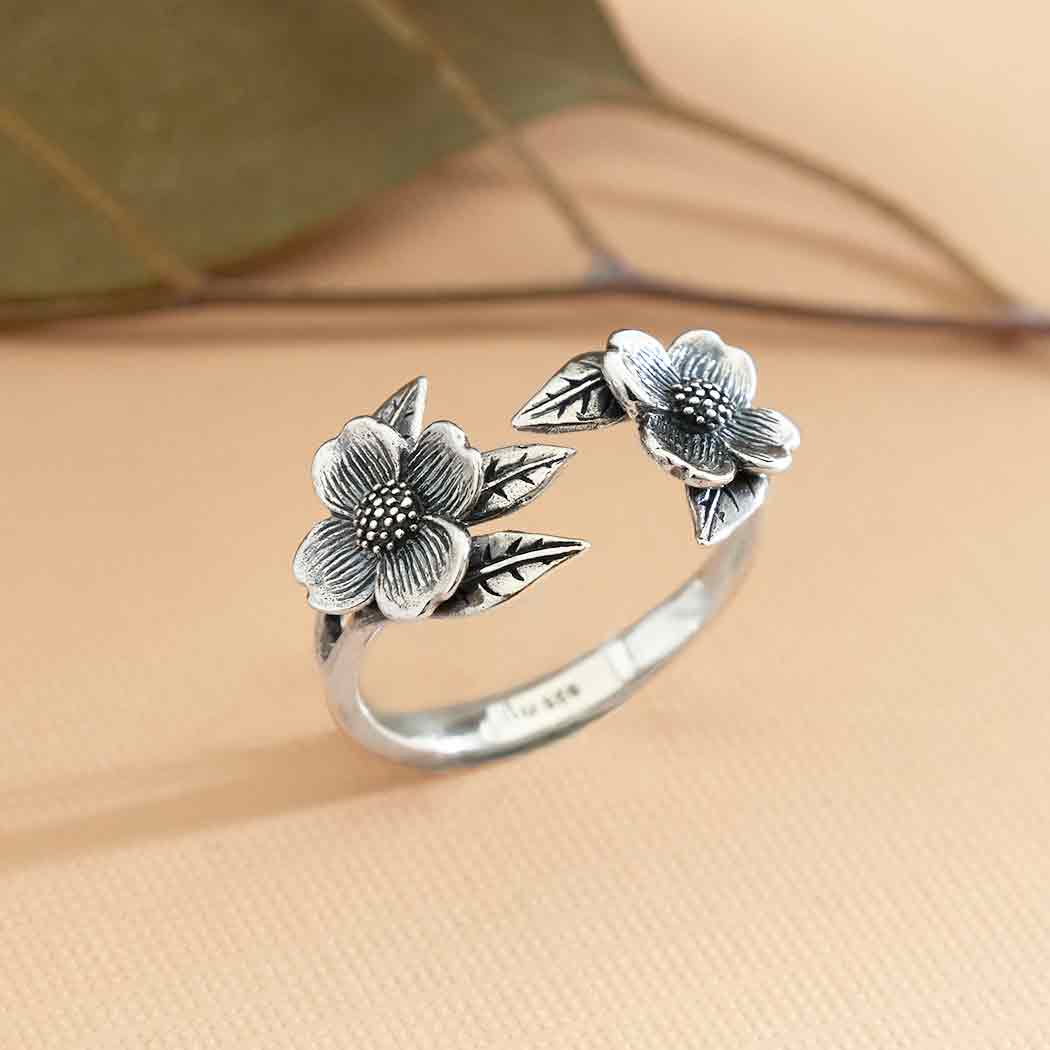 Sterling Silver Adjustable Two Flower Dogwood Ring - Poppies Beads N' More