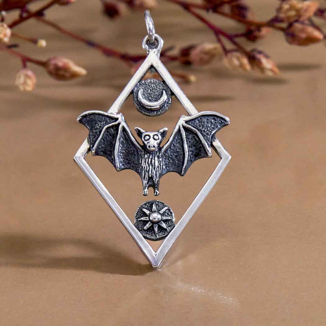 Sterling Silver Bat Pendant in Diamond Frame