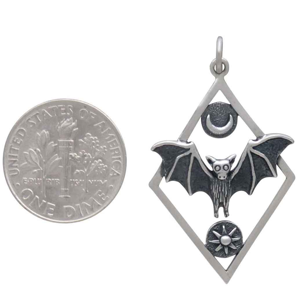 Sterling Silver Bat Pendant in Diamond Frame