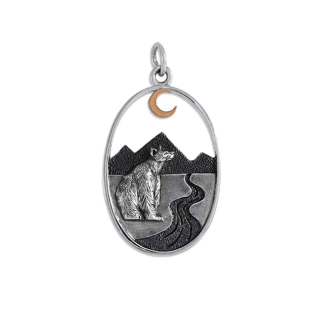 Silver Bear with Mountains and Bronze Moon Charm - Poppies Jewelry