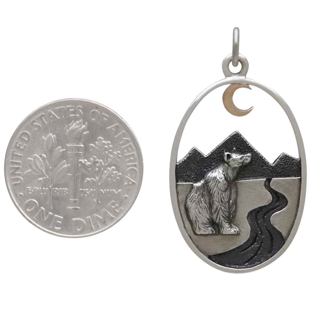 Silver Bear with Mountains and Bronze Moon Charm - Poppies Jewelry