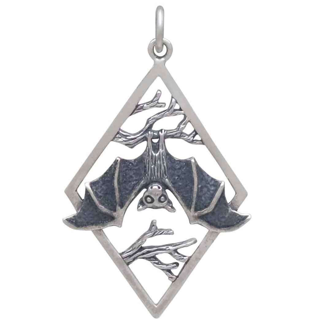 Silver Branches and Bat Pendant in Diamond Frame - Poppies Jewelry