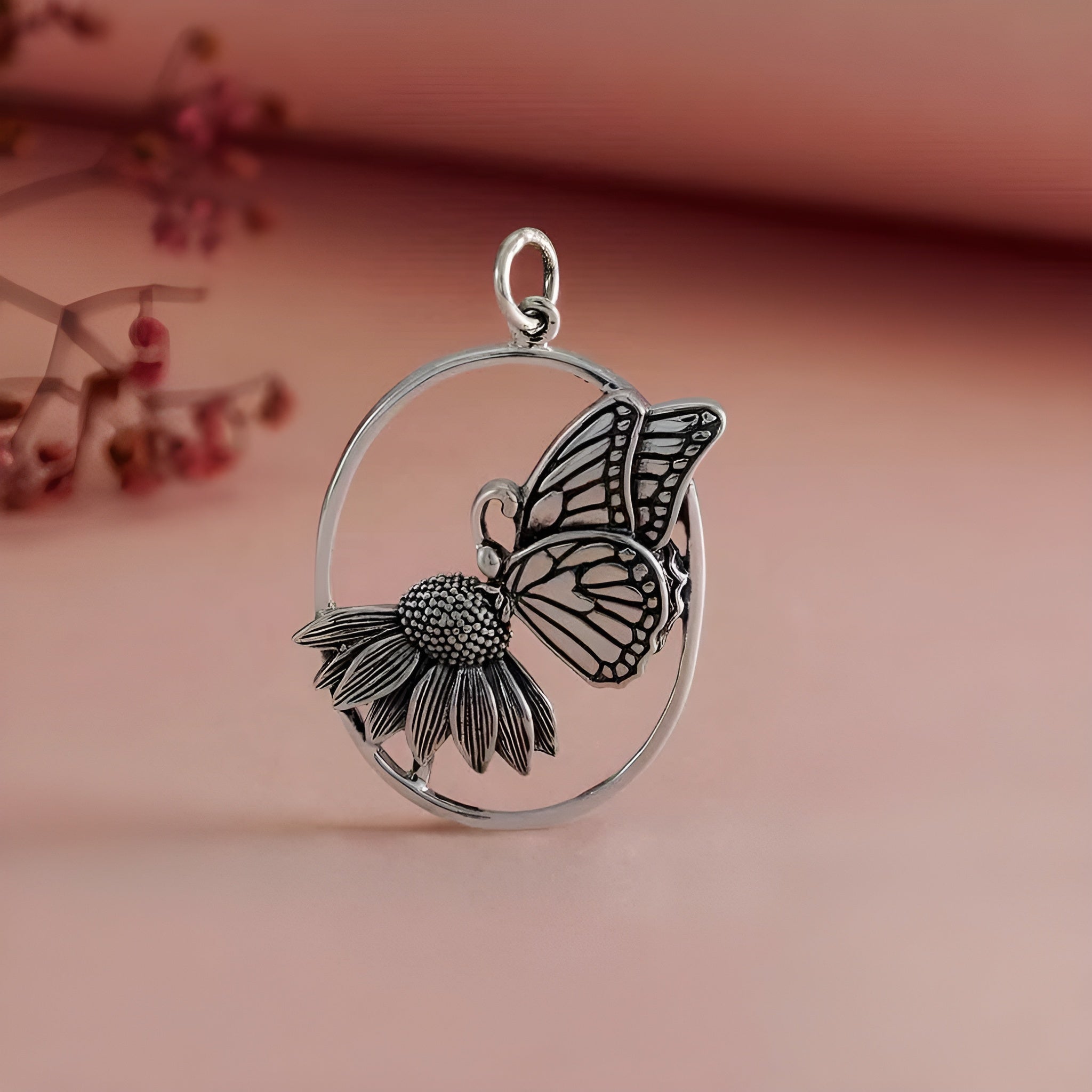 Sterling Silver Butterfly on Flower Pendant