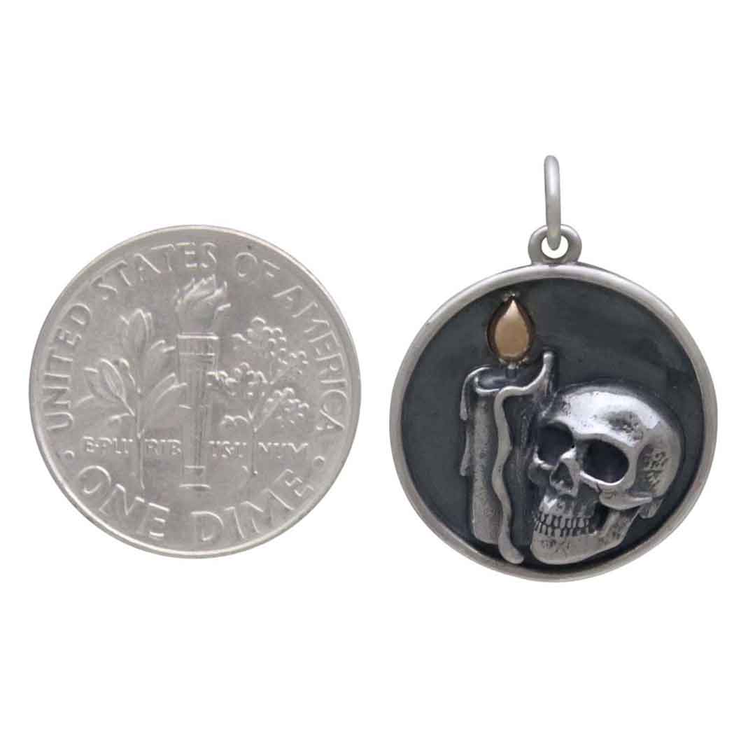 Sterling Silver Candle and Skull Pendant with Bronze Flame