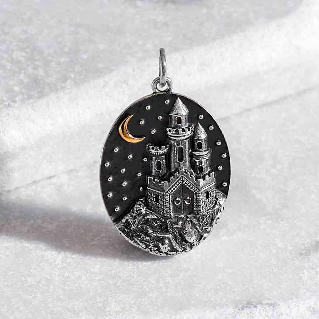 Sterling Silver Castle with Bronze Moon Charm - Poppies Jewelry