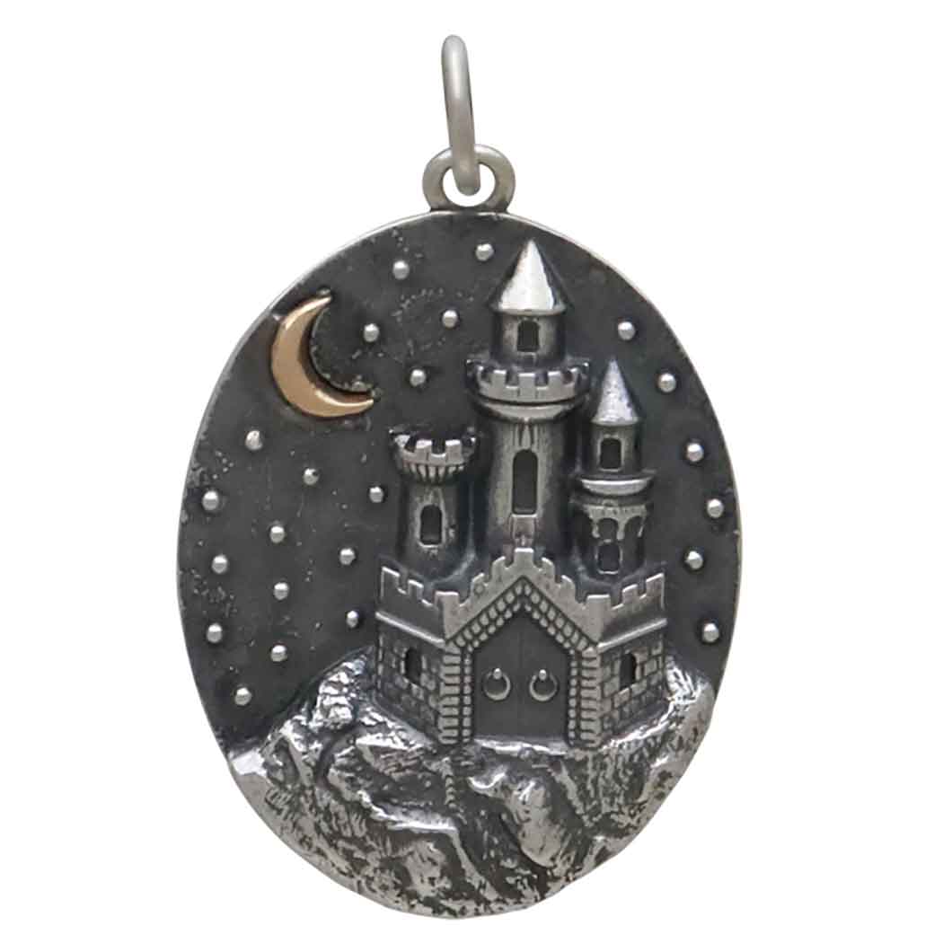 Sterling Silver Castle with Bronze Moon Charm - Poppies Jewelry