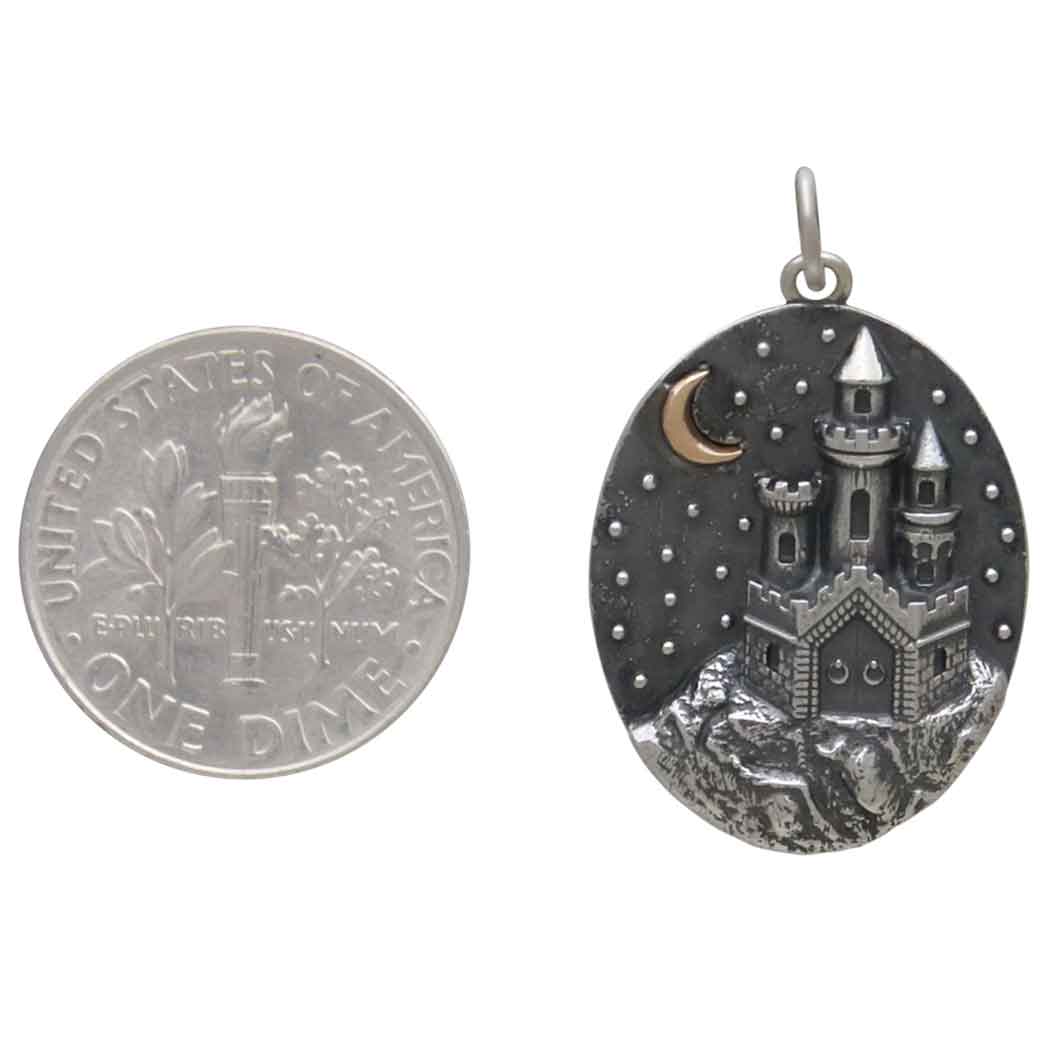 Sterling Silver Castle with Bronze Moon Charm - Poppies Jewelry