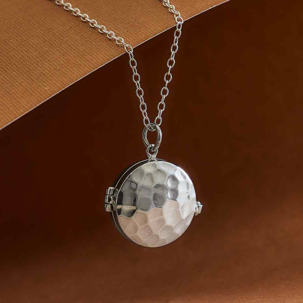 Sterling Silver Circle Locket Necklace with Hammer Finish - Poppies Beads N' More 