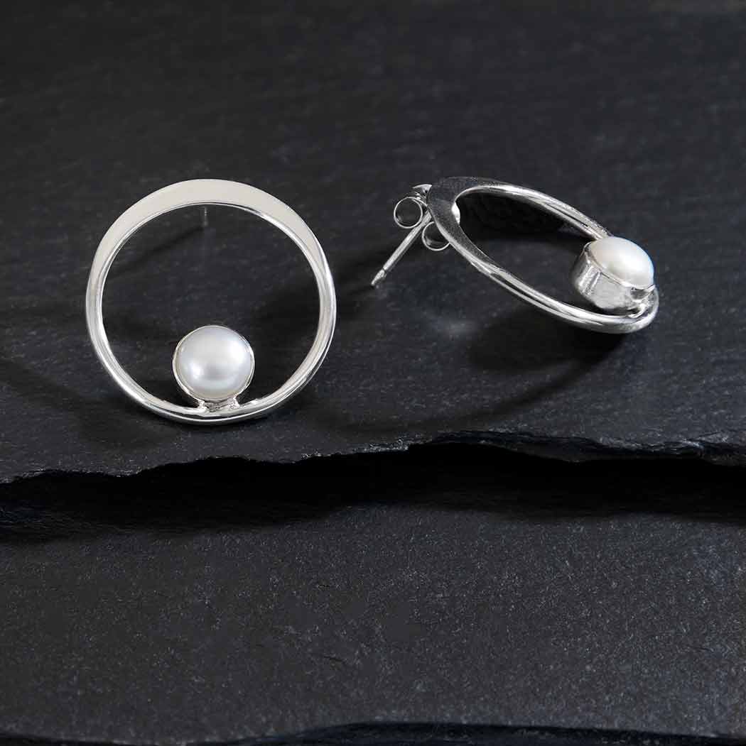 Sterling Silver Circle Post Earrings with Pearl