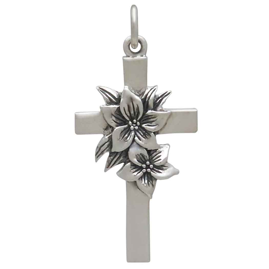 Sterling Silver Cross with Lily Flowers Charm