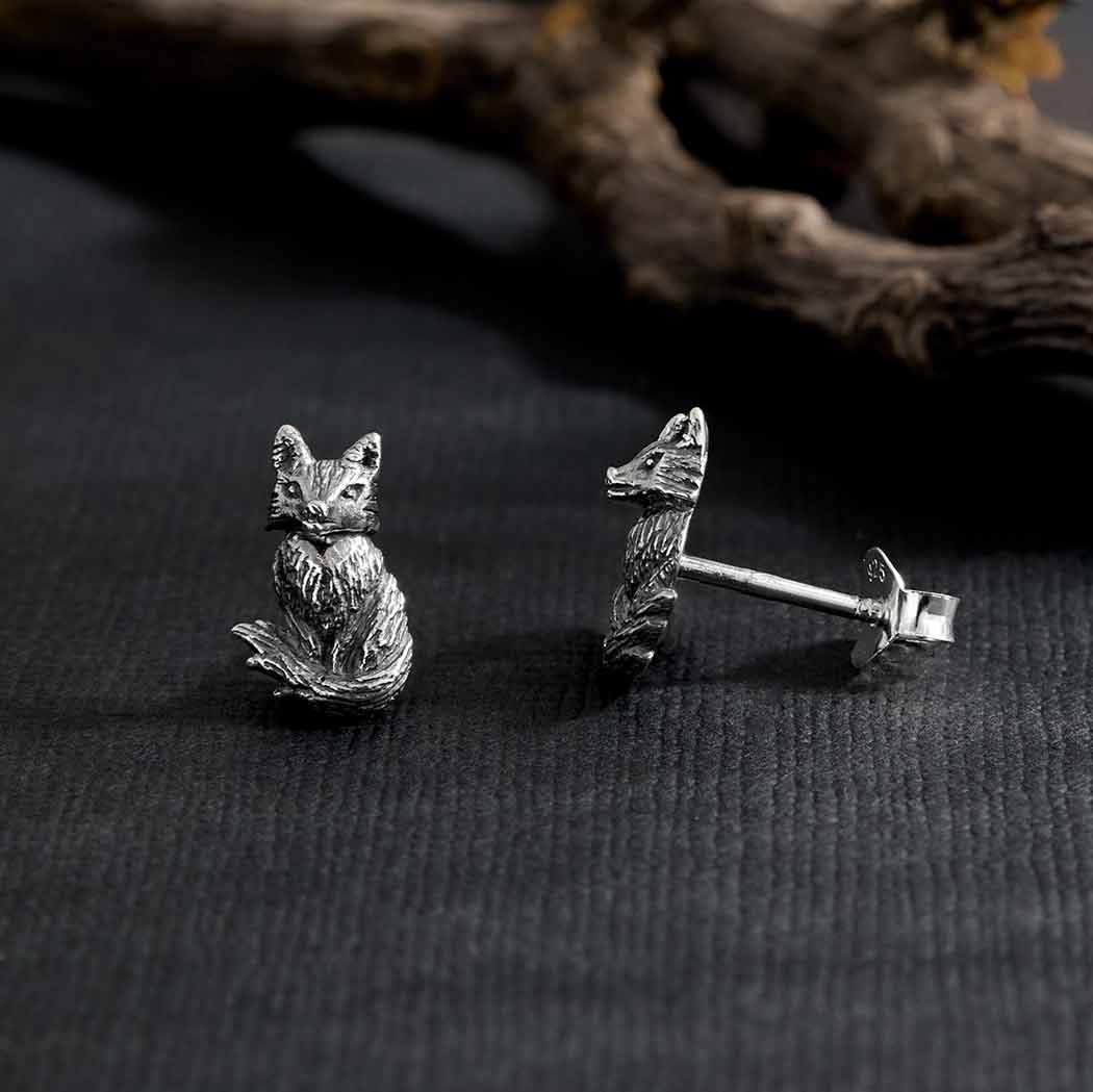 Sterling Silver Dimensional Sitting Fox Post Earrings