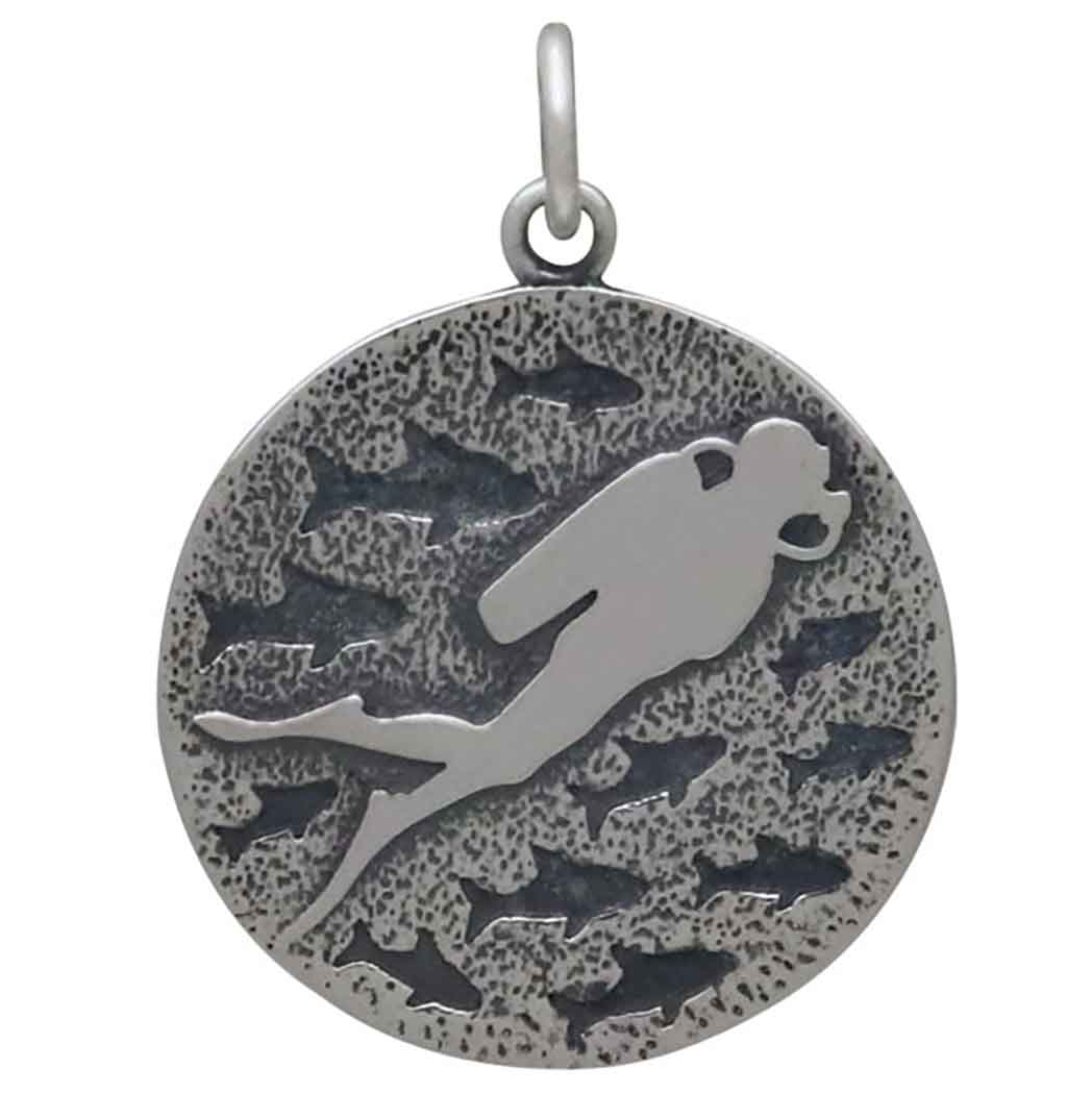 Sterling Silver Diver and Fish Charm - Poppies Beads N' More