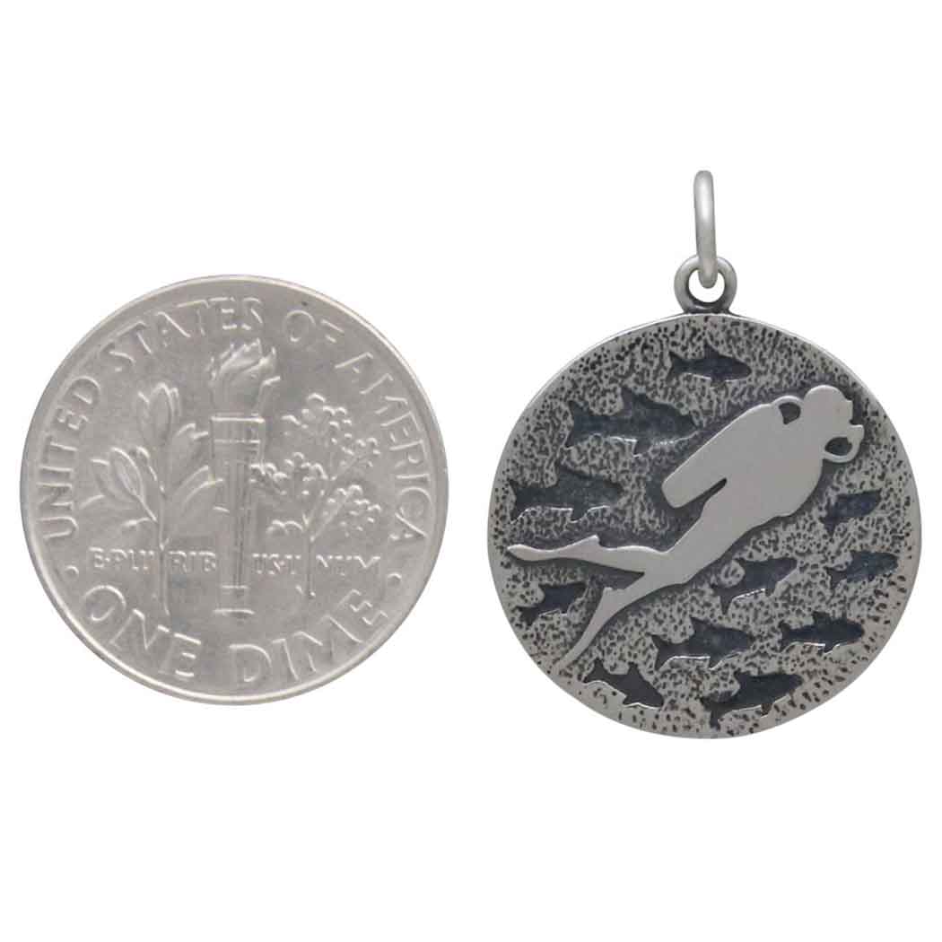 Sterling Silver Diver and Fish Charm - Poppies Beads N' More