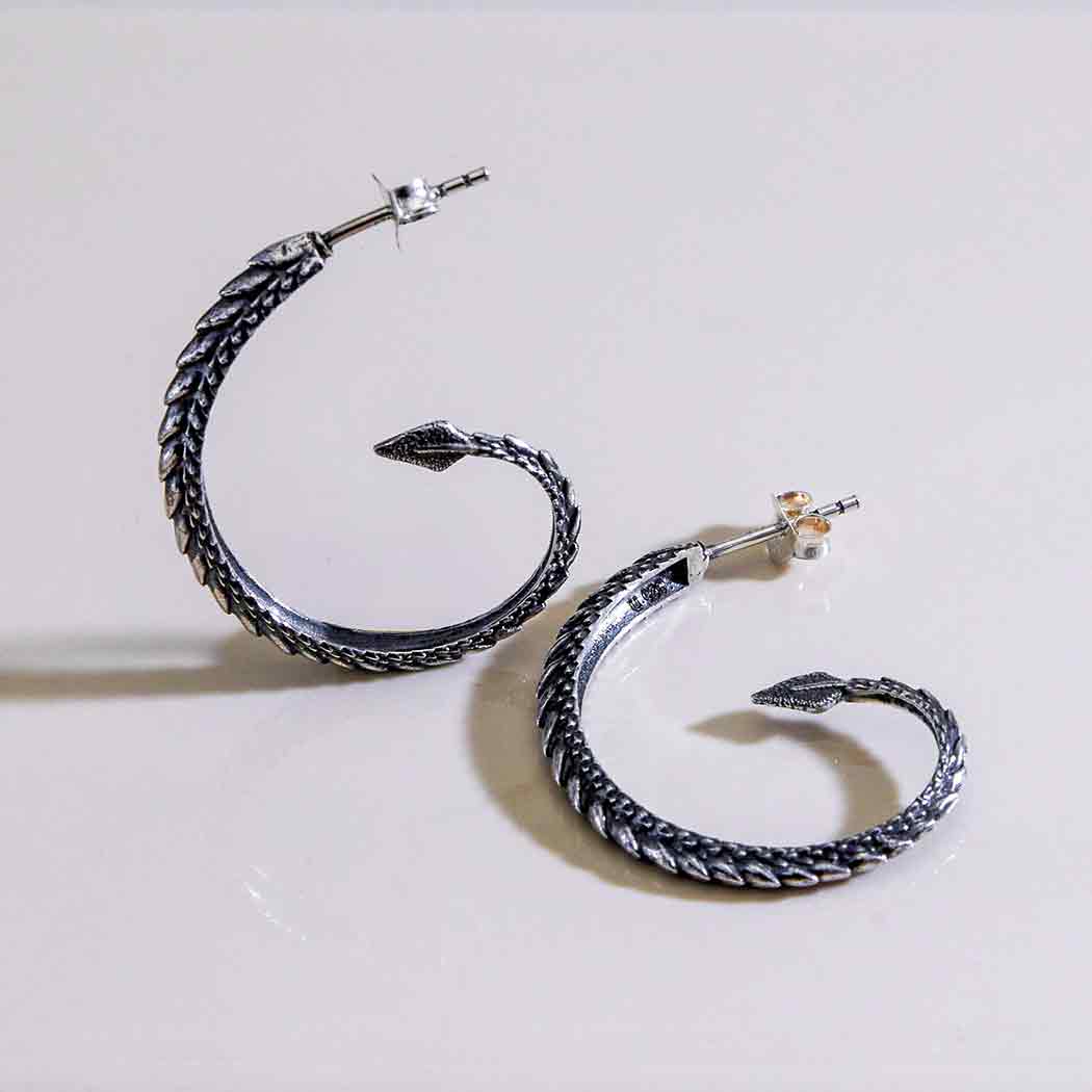 Sterling Silver Dragon Tail Hoop Post Earrings - Poppies Jewelry