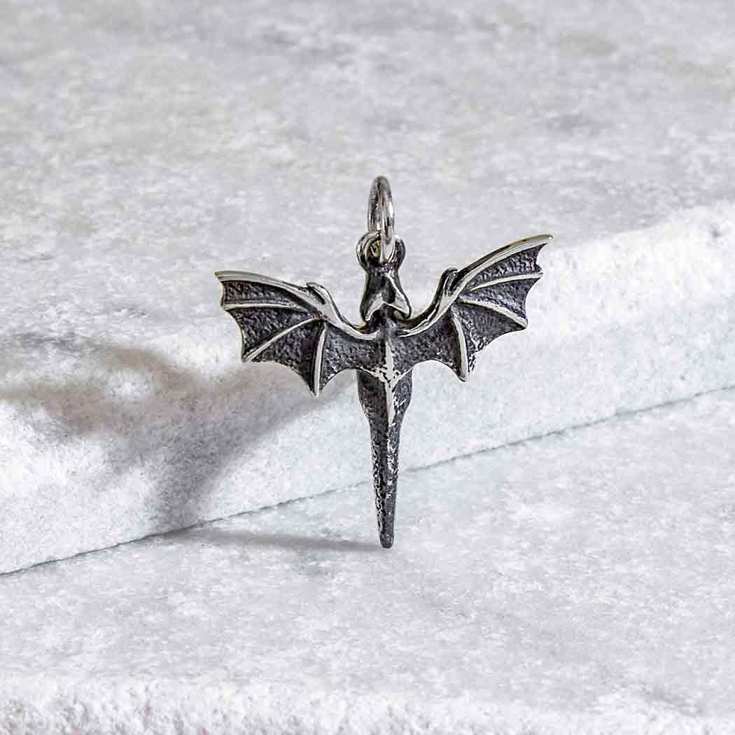 Sterling Silver Flying Dragon Charm - Poppies Jewelry