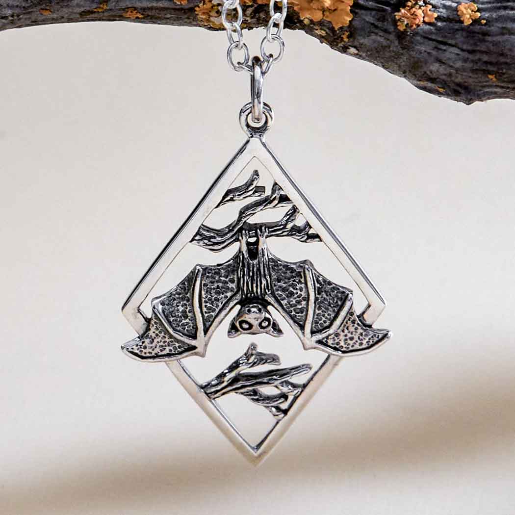 Sterling Silver 18" Hanging Bat on Branches in Diamond Frame Necklace - Poppies Jewelry