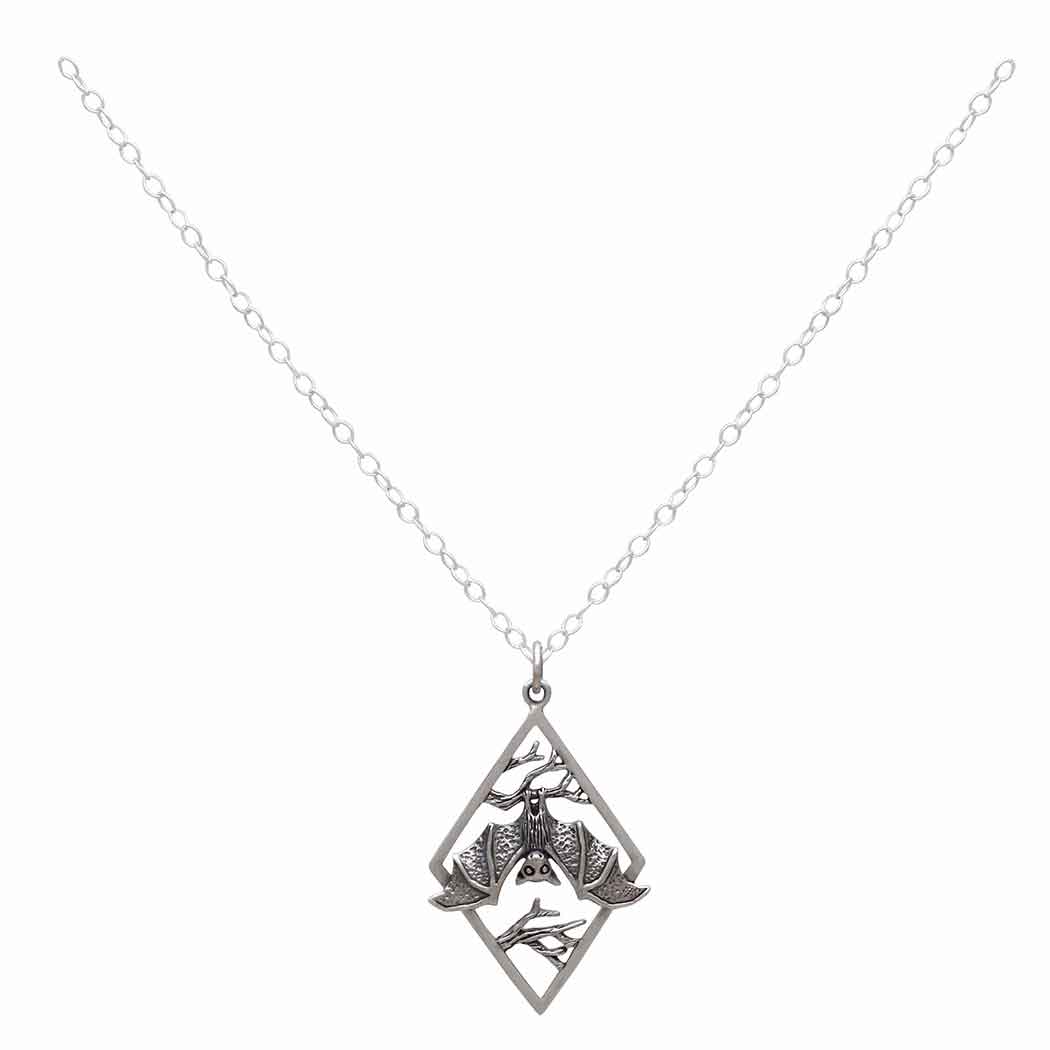 Sterling Silver 18" Hanging Bat on Branches in Diamond Frame Necklace - Poppies Jewelry