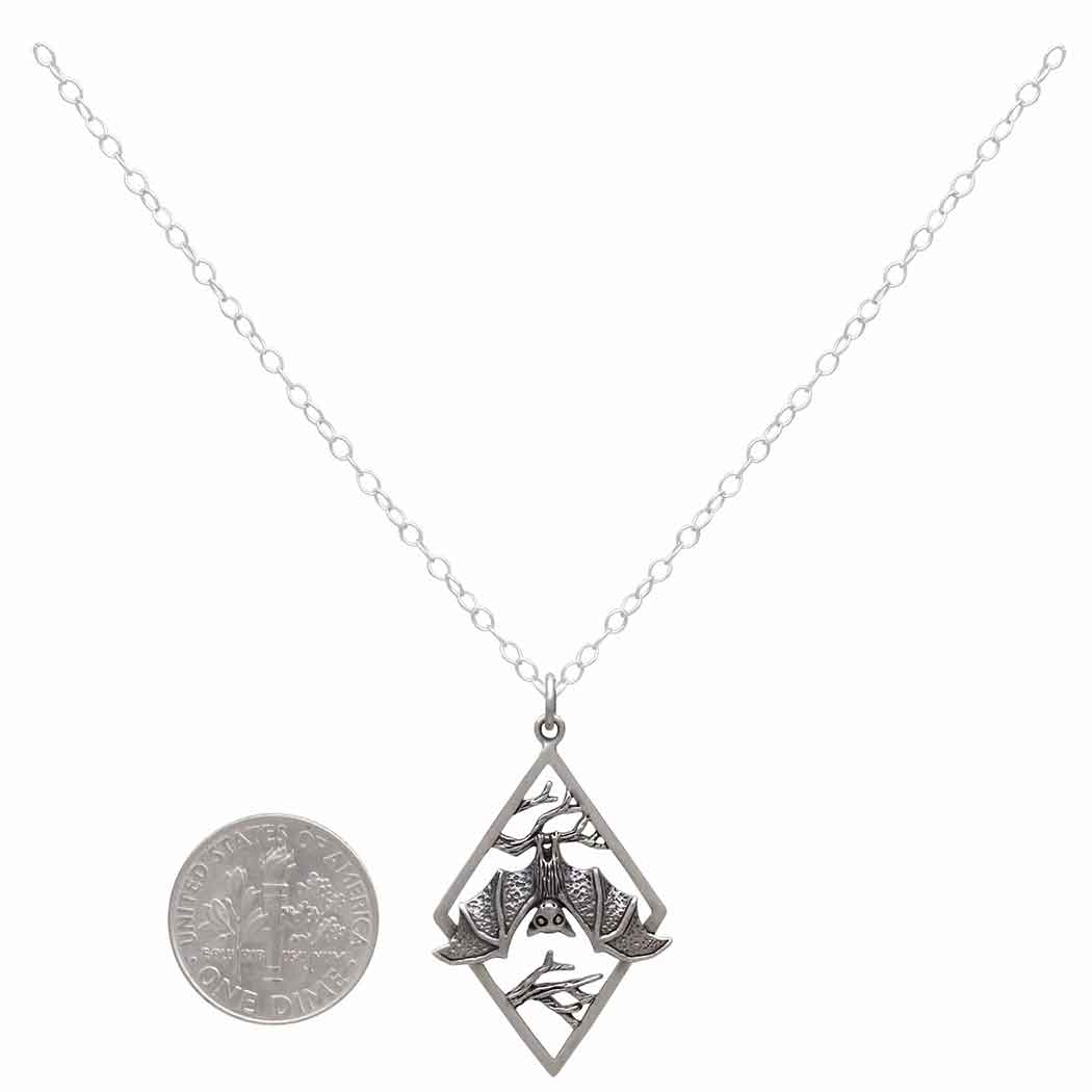 Sterling Silver 18" Hanging Bat on Branches in Diamond Frame Necklace - Poppies Jewelry