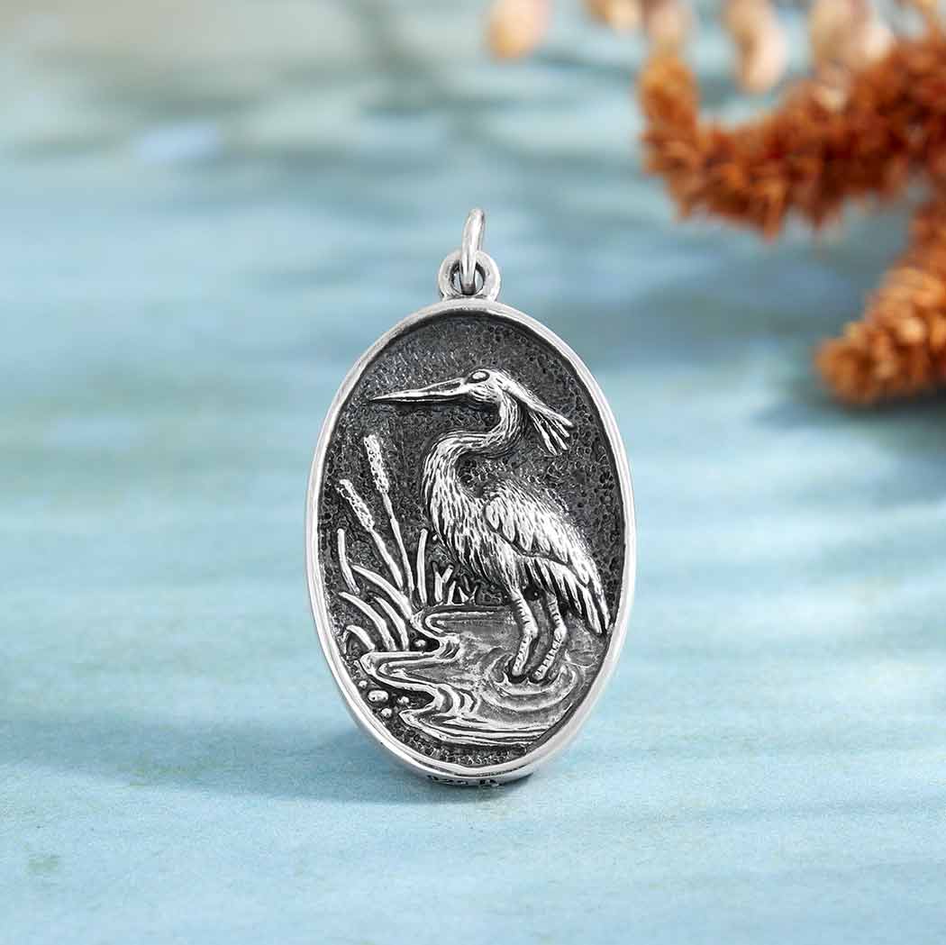 Sterling Silver Heron in Pond Pendant