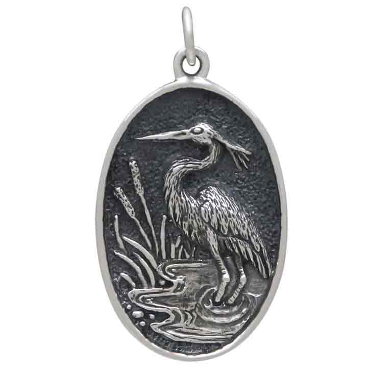 Sterling Silver Heron in Pond Pendant