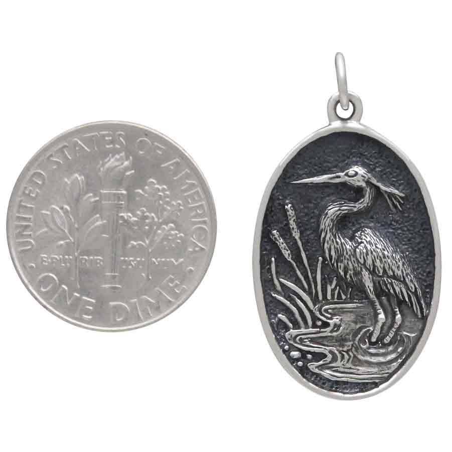 Sterling Silver Heron in Pond Pendant