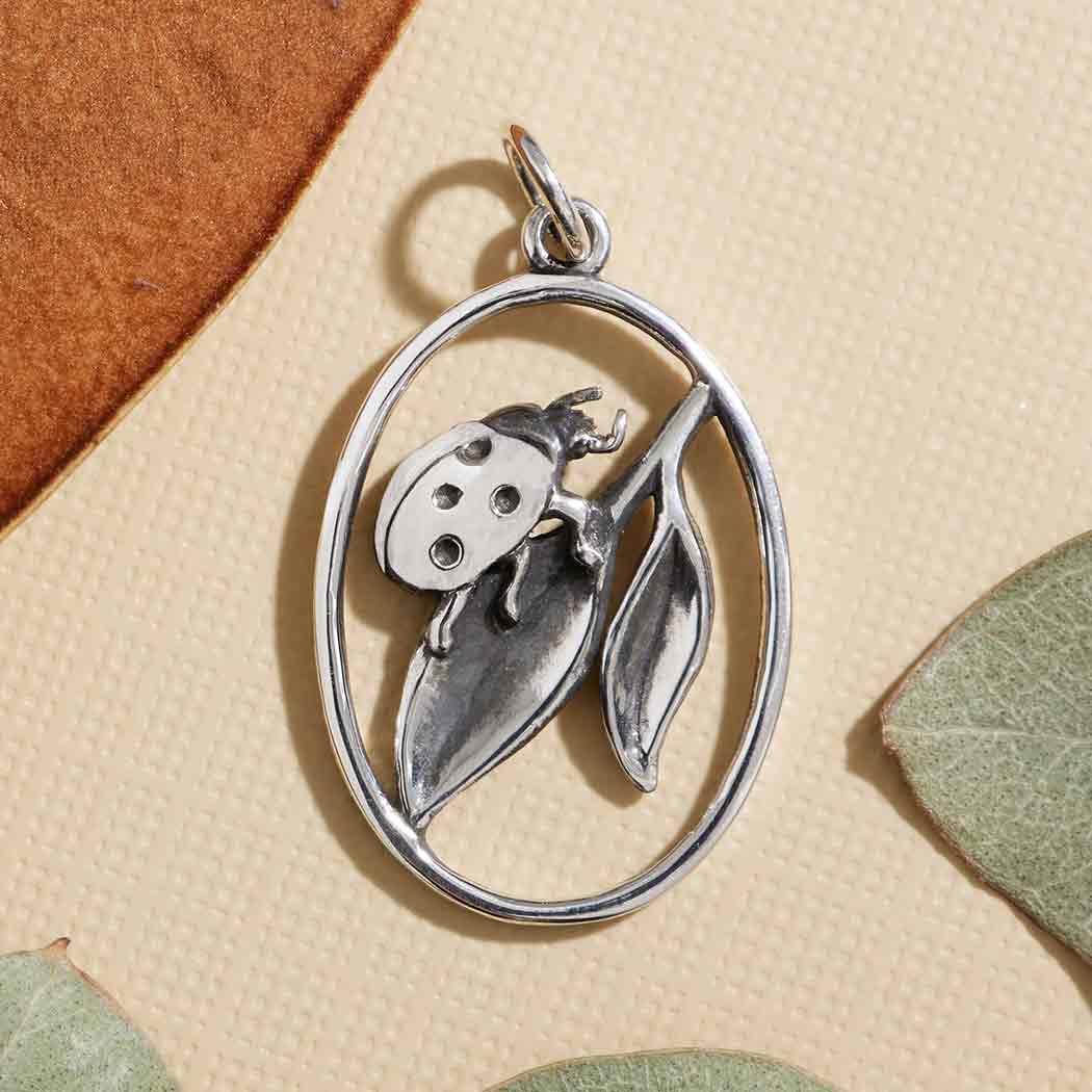 Sterling Silver Ladybug on Leaf Charm