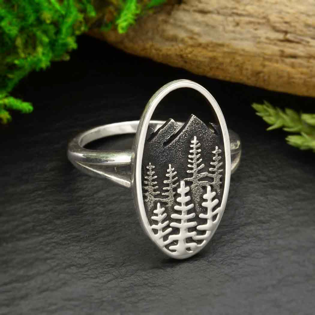 Sterling Silver Layered Trees and Mountains Oval Ring - Poppies Jewelry