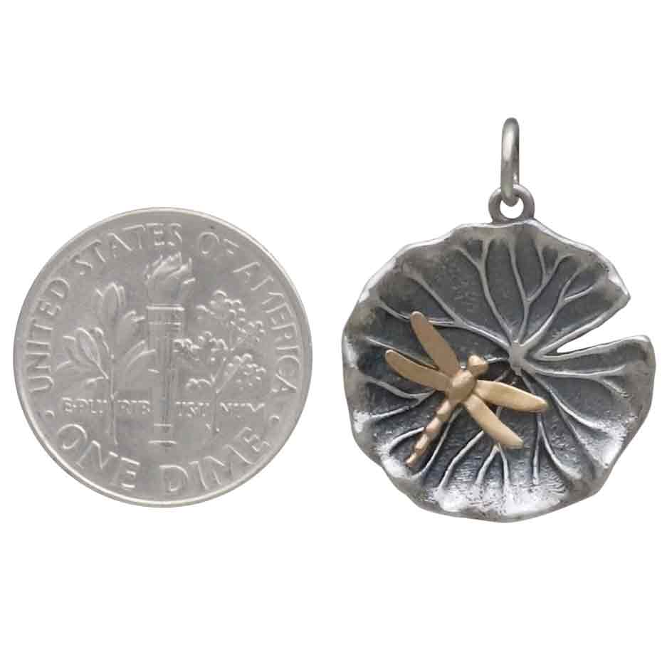 Sterling Silver Lily Pad with Bronze Dragonfly Charm - Poppies JEwelry