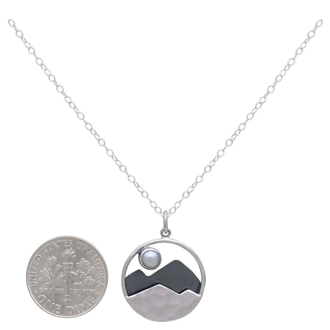 Sterling Silver Mountain with Pearl Moon 18" Necklace