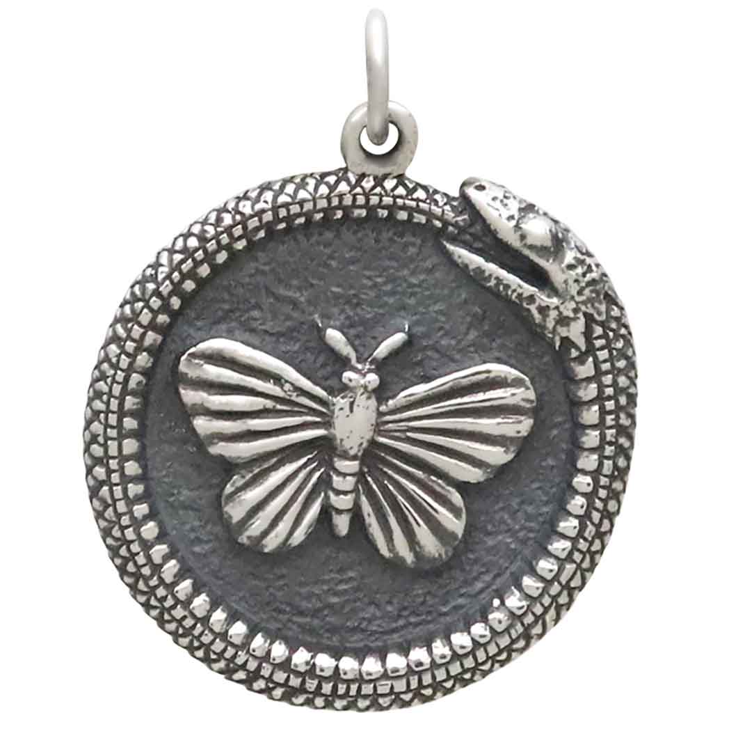 Sterling Silver Ouroboros Snake with Butterfly Pendant - Poppies Jewelry