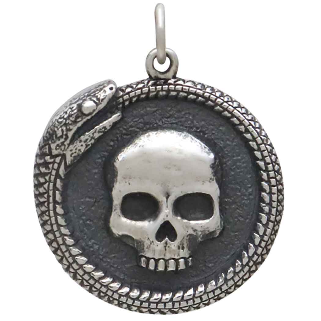 Sterling Silver Ouroboros Snake with Skull Pendant