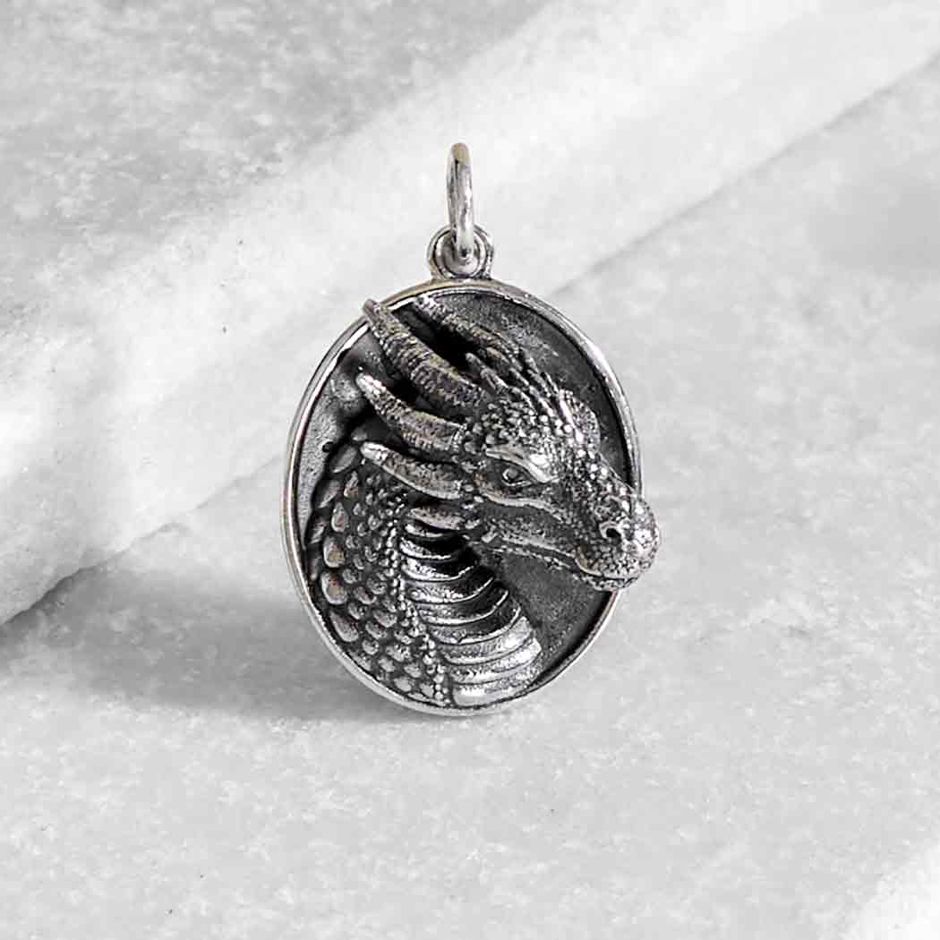 Sterling Silver Oval Dragon Pendant - Poppies Jewelry