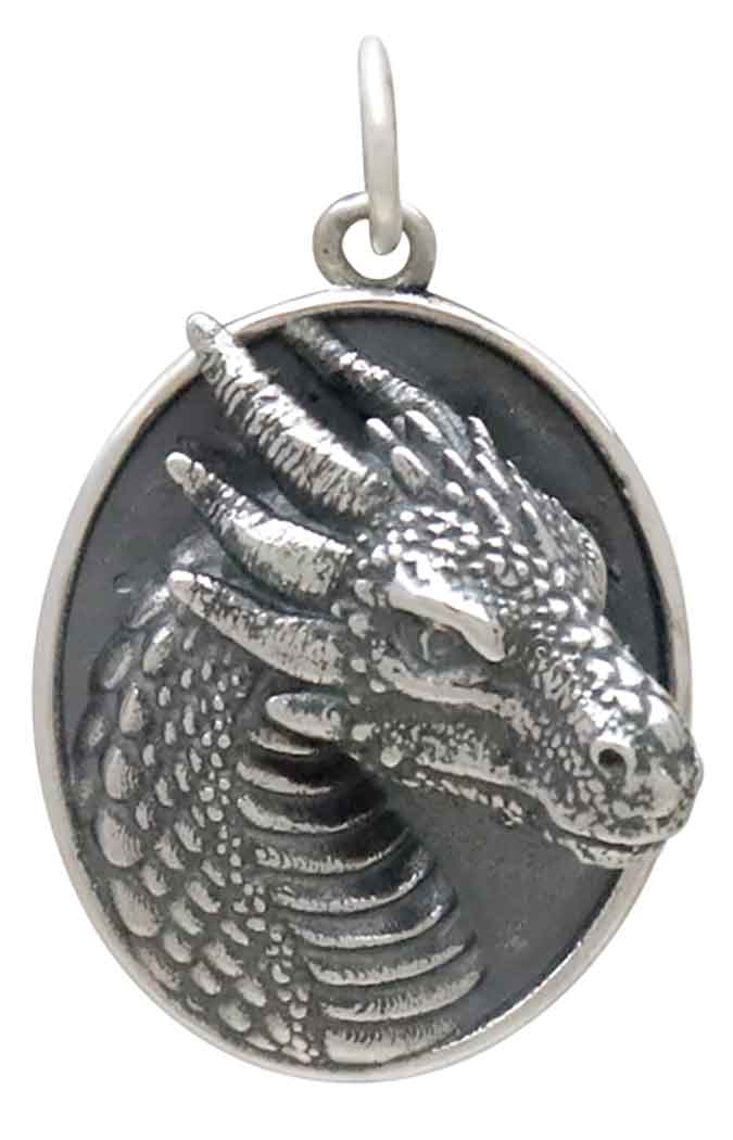 Sterling Silver Oval Dragon Pendant - Poppies Jewelry