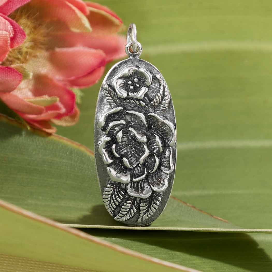 Sterling Silver Oval Pendant with Peony Flowers