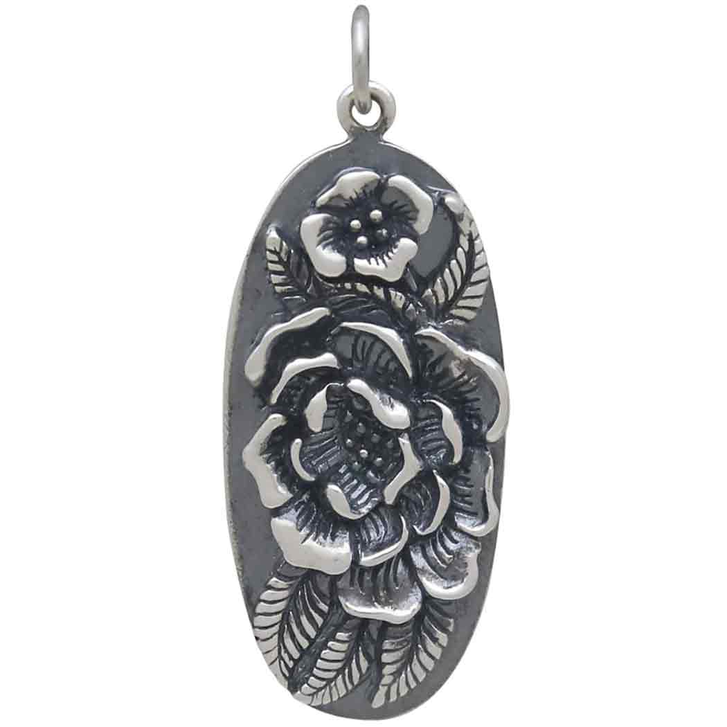Sterling Silver Oval Pendant with Peony Flowers