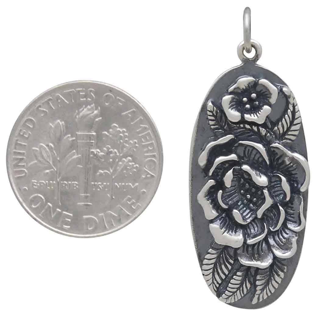 Sterling Silver Oval Pendant with Peony Flowers