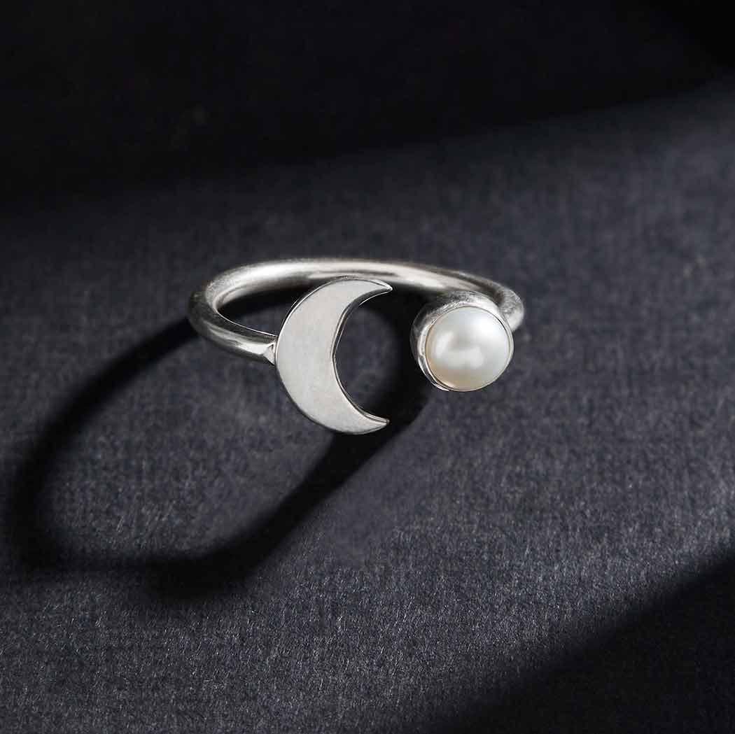 Sterling Silver Pearl and Crescent Moon Adjustable Ring