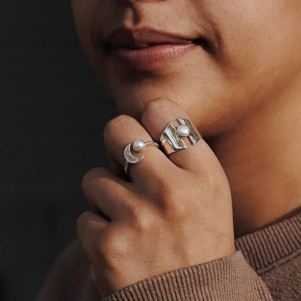 Sterling Silver Pearl and Crescent Moon Adjustable Ring