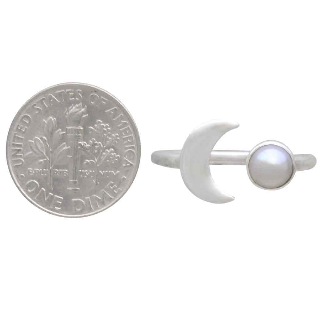 Sterling Silver Pearl and Crescent Moon Adjustable Ring