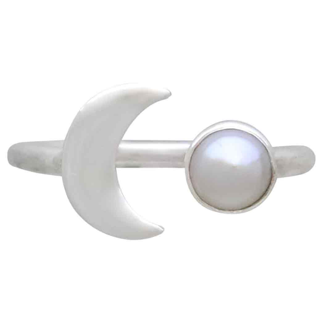 Sterling Silver Pearl and Crescent Moon Adjustable Ring