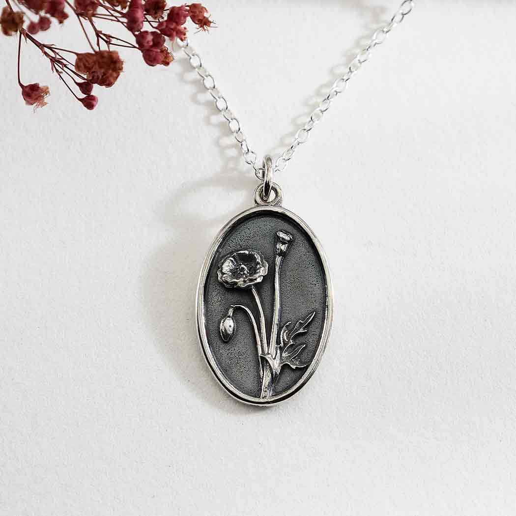 Sterling Silver Poppy Birthflower Necklace - August - Poppies Beads N' More