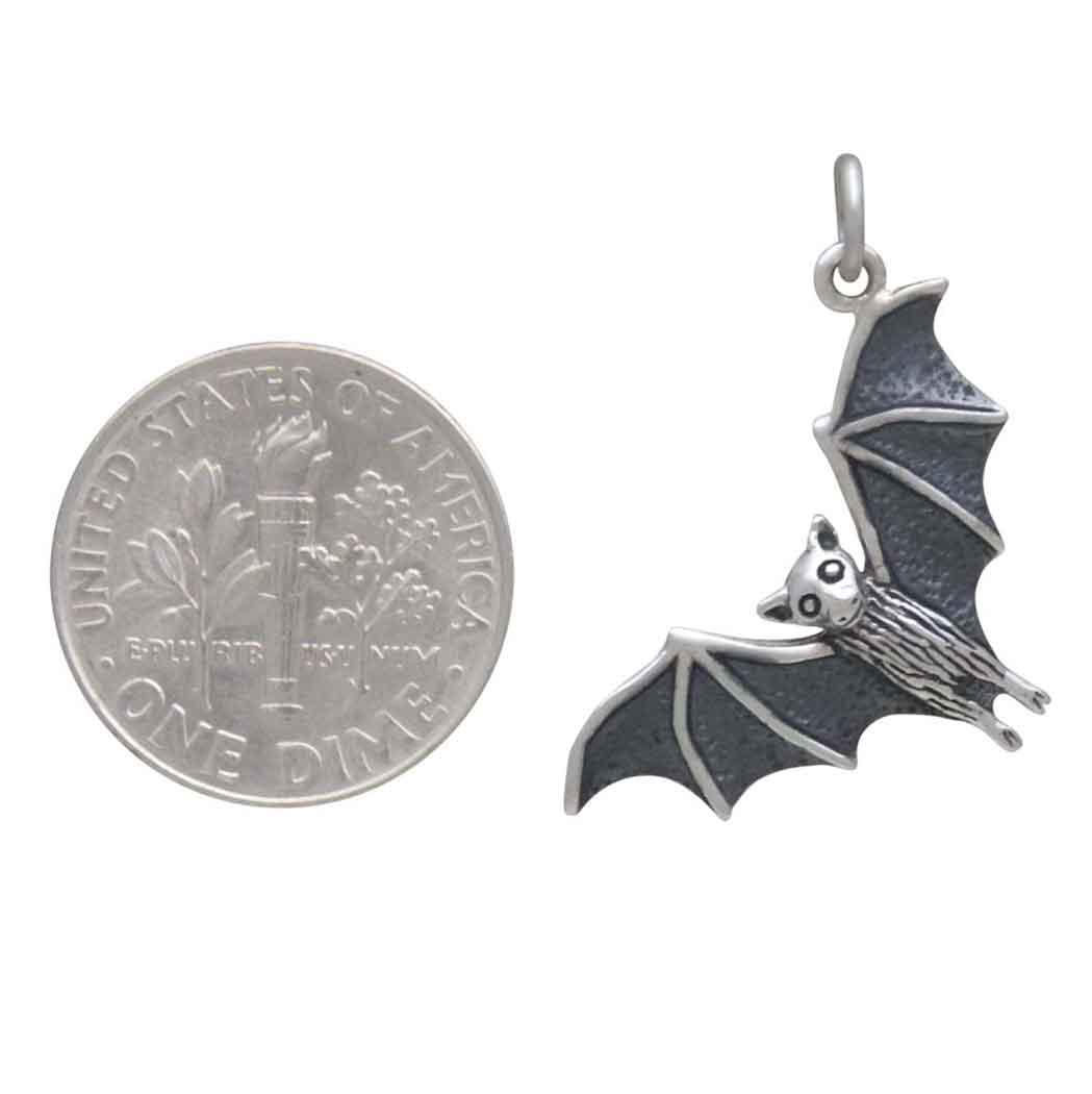 Sterling Silver Realistic Sideways Flying Bat Charm