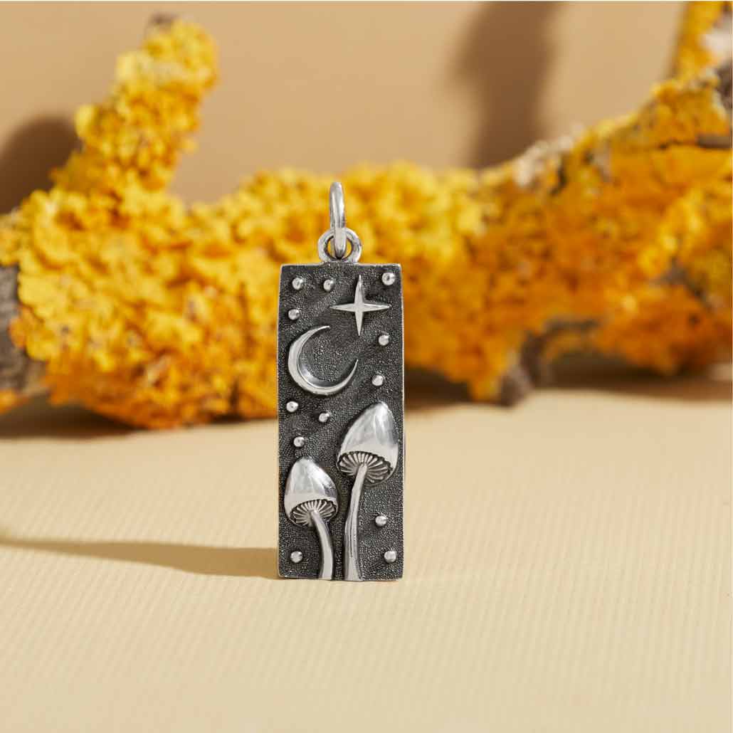 Sterling Silver Rectangle Mushrooms and Moon Charm