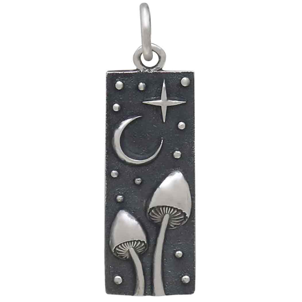 Sterling Silver Rectangle Mushrooms and Moon Charm