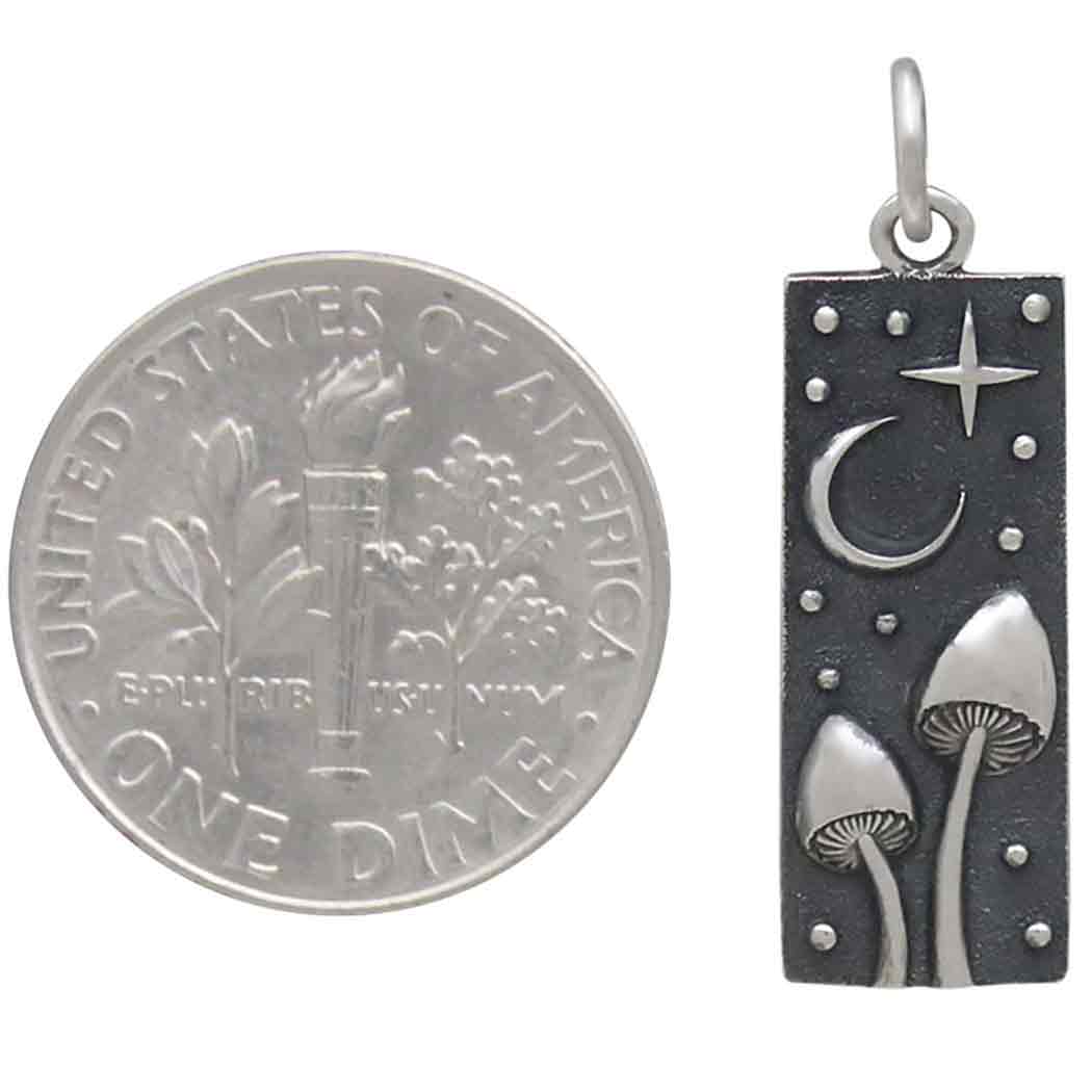 Sterling Silver Rectangle Mushrooms and Moon Charm